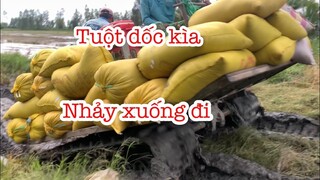 Cảnh Máy Kéo Lúa Lên Dốc Cao Bị Tuột Bánh Xích Quá Nguy Hiểm