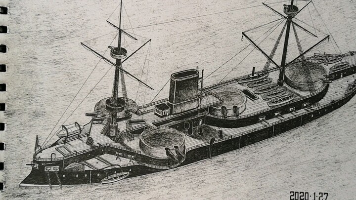 วาดภาพเรือรบ Yuyuan เรือหุ้มเกราะขนาดใหญ่