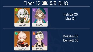 Duo Nahida C0 Lisa C1 and  Kazuha C2 Bennett C6 - Genshin Impact Spiral Abyss 3.4 - Floor 12 9 Stars