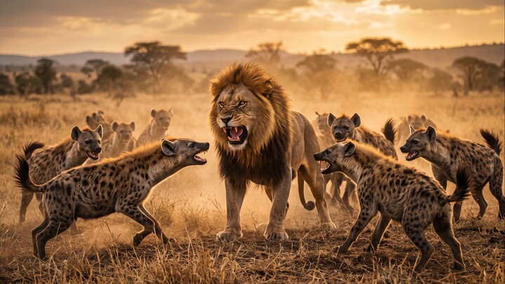 Leões e hienas lutando intensamente na savana!