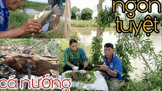 vợ chồng tư chài cá nướng ăn bên bờ ao thật vui