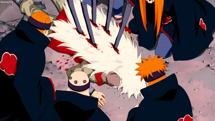 "I'd rather die than running away". Jiraiya mortally wounded by the Six Paths of Pain