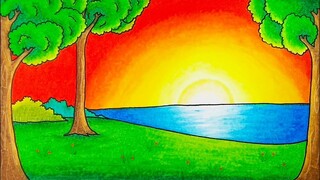 Menggambar pemandangan matahari terbit || Cara mewarnai gradasi matahari terbit