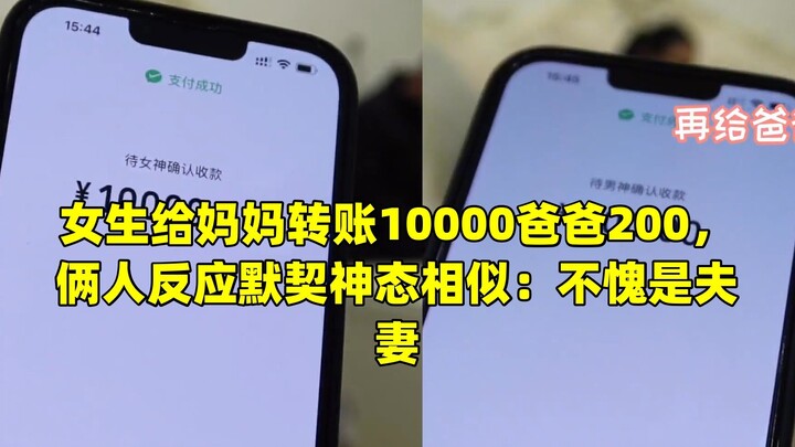 สาวน้อยโอนเงินให้แม่ 10,000 ให้พ่อ 200 ทั้งสองมีปฏิกิริยาเข้าขากัน สีหน้าคล้ายกันมาก: สมแล้วที่เป็นส