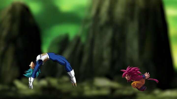 Just Super Saiyan 4 Goku chasing after Vegeta doing backflips (with green screen)