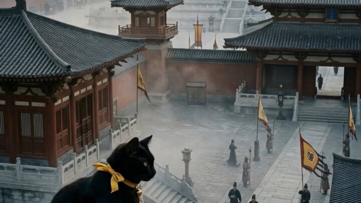 A black cat wanders through the hidden corridors of an ancient Chinese palace