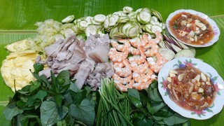 Thịt ba chỉ, tôm luộc mắm cá cơm cùng các loại rau vườn - Bin Đen Miền Tây # 413