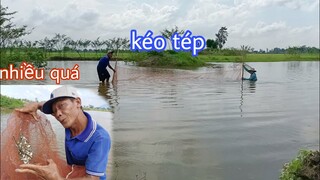 Tư cùng con trai ra đồng kéo tép và cá quá nhiều