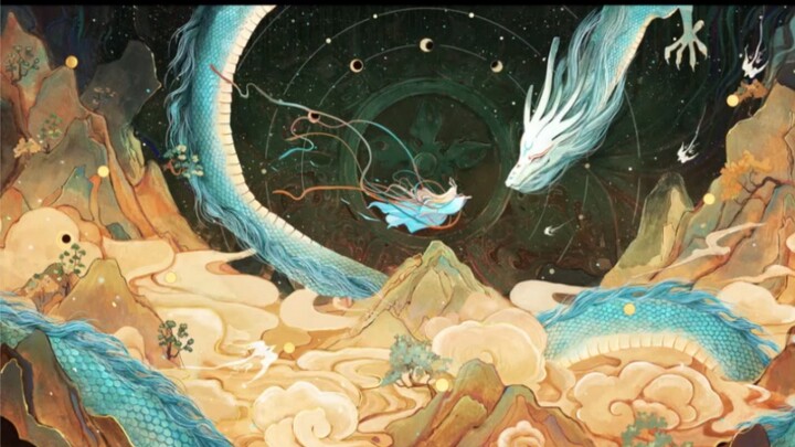 Ilustrasi gaya Tiongkok asli "Naga Biru" dan "Suzaku"