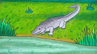 Menggambar buaya||Cara menggambar buaya di tepi sungai||Belajar menggambar dan mewarnai yang mudah