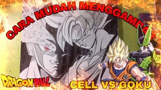 cara mudah menggambar anime dragon ball, cell vs goku
