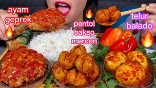 AYAM GEPREK, BAKSO MERCON, TELUR BALADO *SPICY FRIED CHICKEN MEATBALL EGG ASMR MASSIVE Eating Sounds