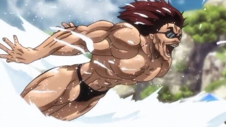 Baki's father swims in a pool at 20 kilometers per hour and laughs at his son for defeating a 100-ki