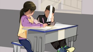 阳光都没有你暖啊~小男孩为写作业的女生挡太阳。