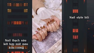 Nail thạch nâu kết hợp mắt mèo kim cương