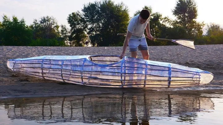 Do you dare to sit in a canoe made of only twigs, plastic wrap and tape?
