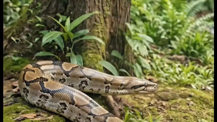 Realistic Giant Python in Jungle | 8K 逼真热带雨林巨蟒涉水