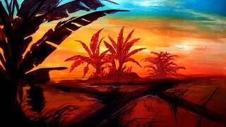 Cara melukis sunset dan pohon pisang-Pemandangan Indonesia