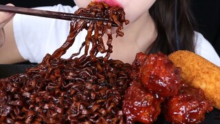 Black bean noodles+ spicy chicken + corndog by Moon ASMR