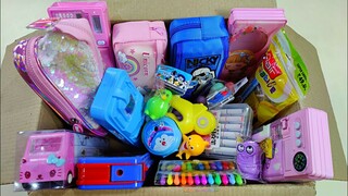 stationery collection from the box, doraemon pencil case, makeup eraser, pen collection, unicorn set