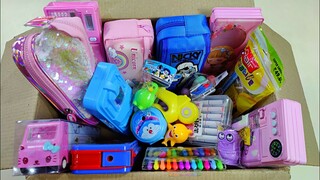 stationery collection from the box, doraemon pencil case, makeup eraser, pen collection, unicorn set