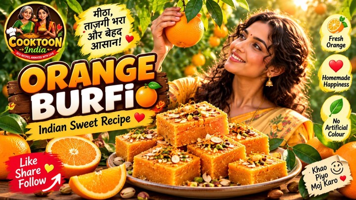 Indian Orange Burfi 🍊 | Easy Orange Milk Fudge Recipe | Cooktoon India
