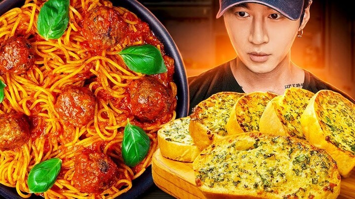 ASMR SPAGHETTI & MEATBALLS + CHEESY GARLIC BREAD MUKBANG