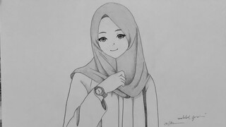 Menggambar Anime Cewek Berhijab Memakai Jam Tangan