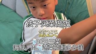 How much seafood, meat, and vegetables are left on the second day after the children buy groceries a