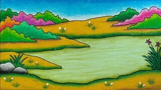 Menggambar pemandangan alam || Cara menggambar dan mewarnai danau