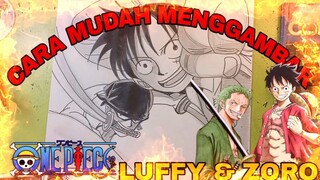cara mudah menggambar anime one Piece, Luffy dan Zoro part.2