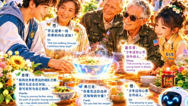 少年择心✨ 全息汤碗升腾温润光晕。Warm radiance rises from the holographic soup bowl.🌿 恩：“你正迎来一场珍贵的内在试炼？”En: "Are yo