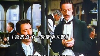 男人穿着简陋的西装点了一分上好的炸牛扒，一些火腿和鸡蛋，还要在配菜上浇上浓浓的肉汁
