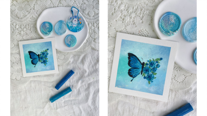 今天只做三件事！咕卡、油画棒、火漆印章（蓝色系）