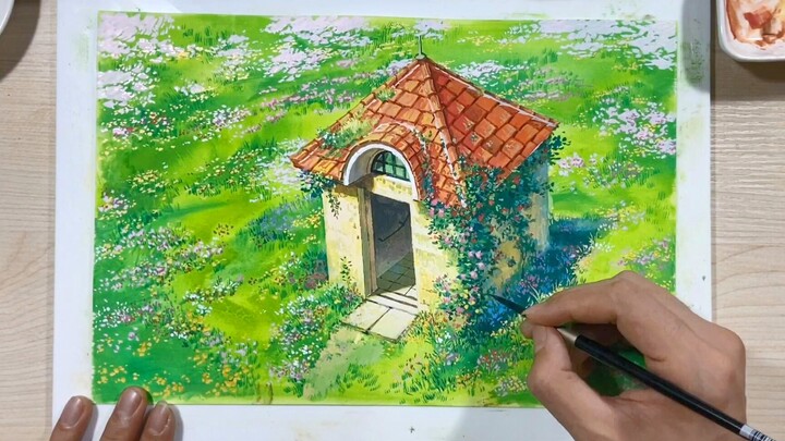 Proses pengecatan cat air buram dari Howl's Moving Castle