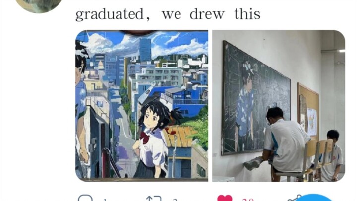 My classroom blackboard bulletin got a thumbs-up from Makoto Shinkai!