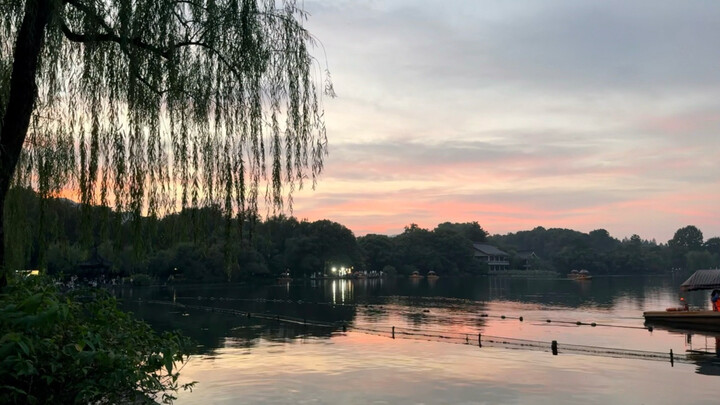 Tepi sungai dengan pohon willow, angin pagi dan bulan yang memudar