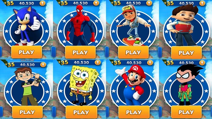 Sonic Dash vs Spider-Man Subway Surfers Paw Patrol Ryder Ben 10 Spongebob Super Mario Teen Titans