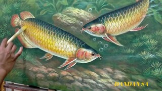 LUKISAN - MELUKIS IKAN ARWANA EMAS / Gold Arowana Fish Painting By DANDAN SA - CIANJUR INDONESIA