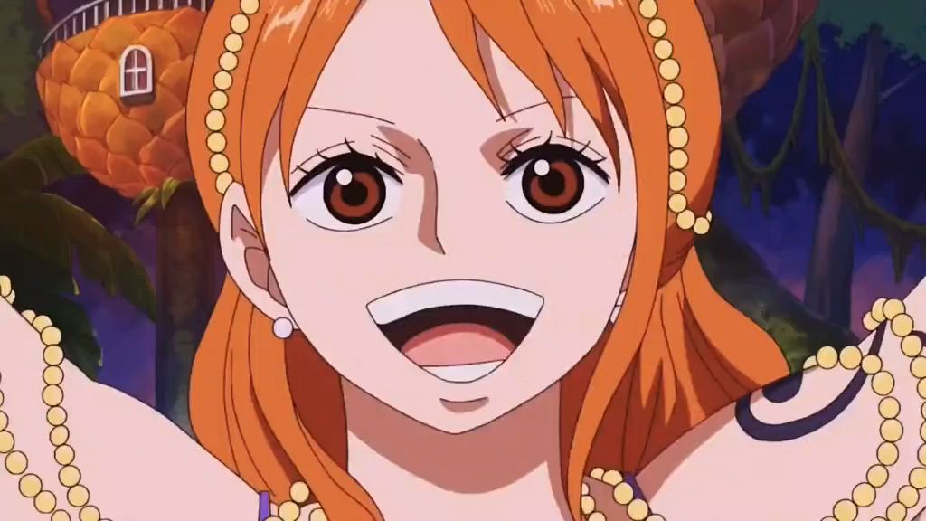 smiling nami — Nami's first appearance in the anime.