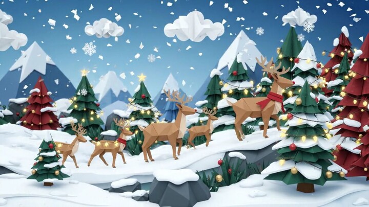 Reindeer walking through snow covered Christmas forest with decorated trees and mountains