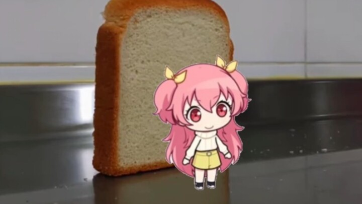 Cute anime girl with pink hair is hit by bread