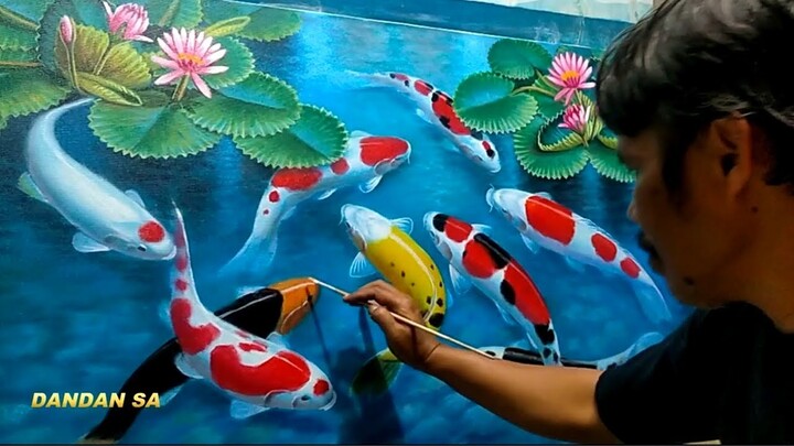 MELUKIS - MENGGAMBAR IKAN KOI 9 DENGAN AKRILIK DI KANVAS  / IKAN KOI / KOI 9