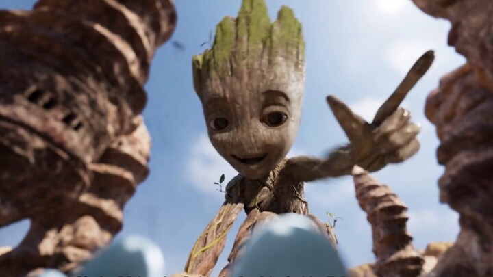 The little tree man Groot fights against the alien ants in Marvel's latest animation.