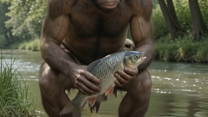 Early human  eating raw fish
