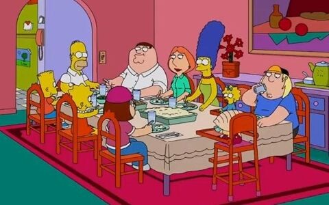 Family Guy and The Simpsons are sitting at the dinner table having a meal together.