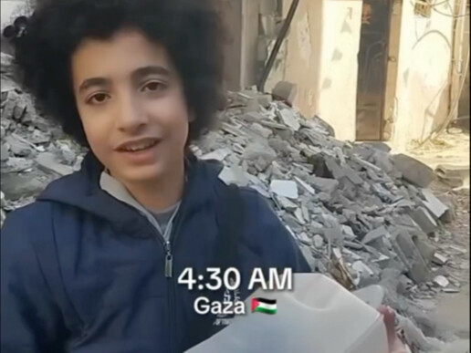 Children in the Palestinian disaster zone imitate fitness influencer Aston Hall to document their re
