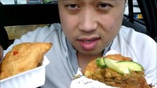 ASMR EATING SOUNDS - SURINAMESE BARA FILLED WITH CHICKEN MASSALA AND CHICKEN SAMOSA