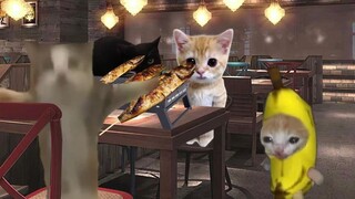 Banana Cat made a date with the other cats to enjoy grilled fish, but ended up being late.