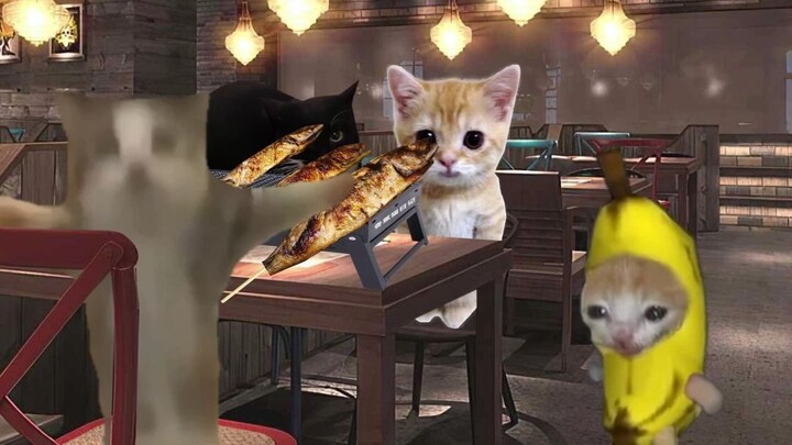 Banana Cat made a date with the other cats to enjoy grilled fish, but ended up being late.